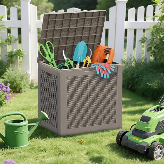 Outdoor Storage Box, 35 Gallon Deck Box with Lockable Lid, Waterproof Resin Storage Bin for Patio Furniture, Garden Tools, Cushions, Grey