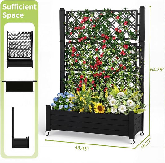 PatioZen Raised Garden Bed with Trellis, 21 Gallon Self Watering Planter Box with Lockable Wheels & Drainage Holes for Climbing Plants Vegetables Flowers, Anti-Rust Resin for Backyard Patio (Black)