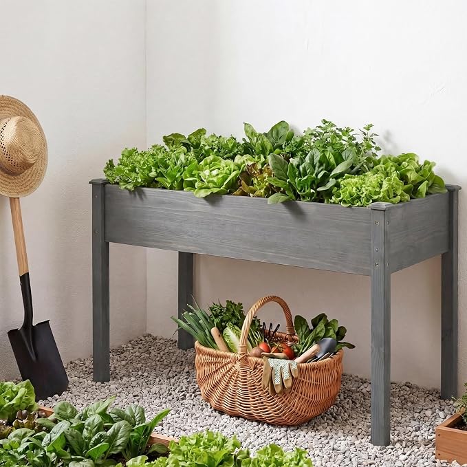 NEWBULIG Raised Garden Bed Wood 48x24x30in, Elevated Wood Planter Box Stand with Legs for Outdoors Balcony Backyard, Raised Garden Bed for Planting Herbs Flowers Vegetables, Grey