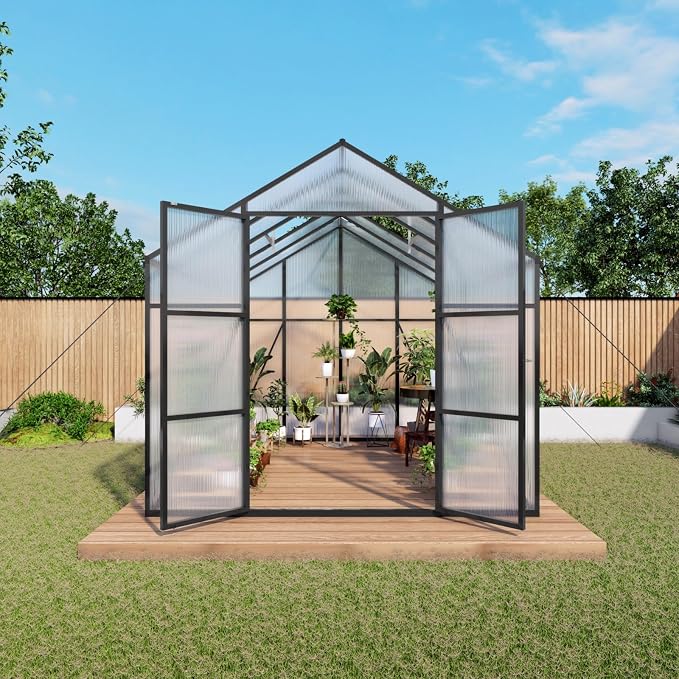8x10 FT Greenhouse, Walk-in Outdoor Heavy Duty Polycarbonate Greenhouses with Aluminum Frame, High Headroom, UV Protection & Drainage System for Backyard All Season Growing, Black