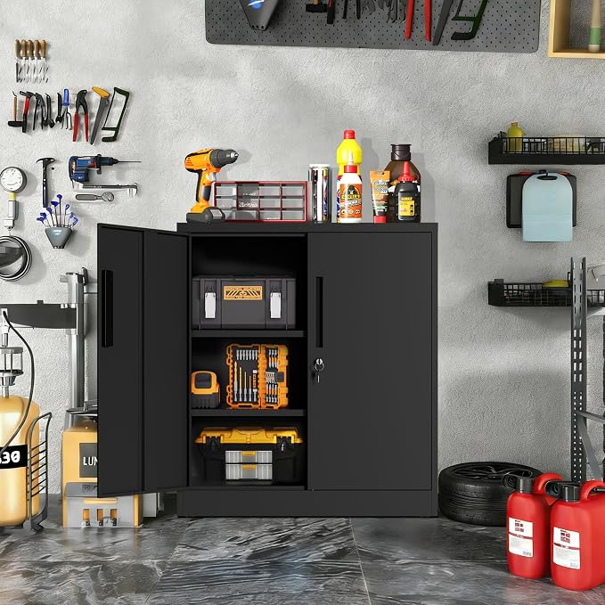 36"H Storage Cabinet with Doors and Shelves, Metal Cabinet with Lock, Steel Locking File Cabinet, Lockable Storage Cabinet, Garage Cabinet, Tool Cabinet for Home, Office,Garage, School, Black