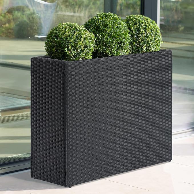 LEWIS&WAYNE Tall Planters for Outdoor Wicker Large Rectangular Block Box | All-Weather, Handmade PE Rattan, Removable Liner, Indoor Outdoor, Patio Porch Garden, Modern Design