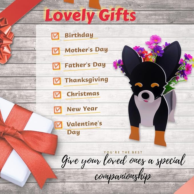 Black and White Chihuahua Dog Planter Pots, 9.84 x 5.91 x 13.46 in | Dog Flower Pot, Cute Animal Shaped Plant Pot, Gifts for Women & Pet Lovers, Indoor Outdoor Garden Home Office Decor