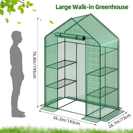 Superlele Walk-in Greenhouse for Outdoor, 56x29x77 Inch Portable Garden Green House with 6 Tiers (3 Tiers Each Side), Reinforced Green PE Mesh Cover, 4 Ground Stakes for Stability, Zippered Door