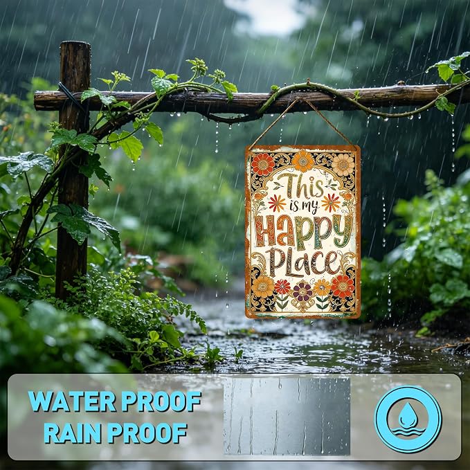 Funny Garden Metal Signs, Vintage Outdoor Wall Decor 8x12 Inch | This Is My Happy Place, Boho Weatherproof Aluminum Sign for Patio Yard Greenhouse, Gift For Gardeners