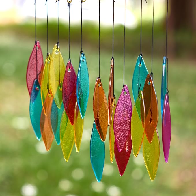Solar Wind Chimes Outdoor with Glass and Copper (Glass Leaf 2) | Solar Powered, Garden Decor, Patio Decor, Glass and Copper, Outdoor Use