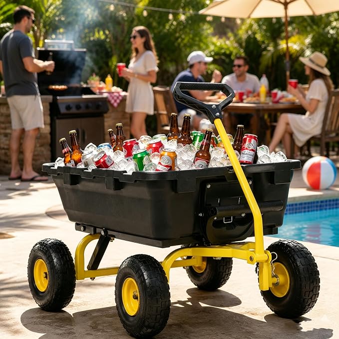 Wheelbarrow Garden Dump Cart Wagon, Yellow | Upgrade 10" All Terrain Pneumatic Tires,DIY Expansion over 900LBS Capacity, Transportation in Yard, Farm, Garden