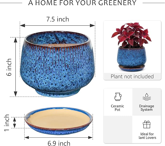 7.5 Inch Ceramic Planter with Saucer,Modern Garden Pots with Drainage Hole Mesh Net, for Indoor Outdoor Use (Speckle Blue)