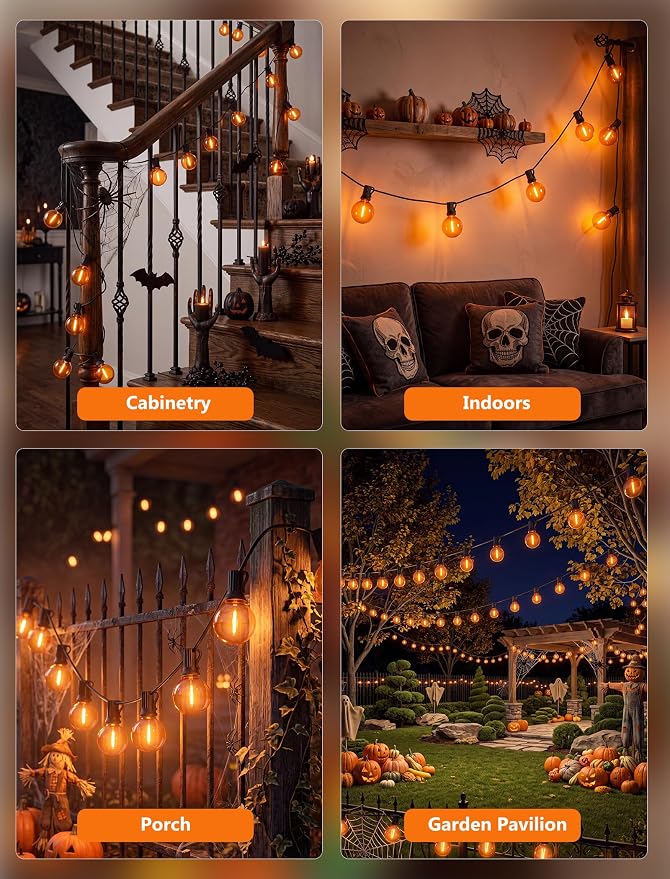 25 LED Outdoor String Lights, 25Ft Halloween Decoration Lights | Shatterproof Orange G40 Bulbs, Connectable, Plug in, UL Certified, Hanging Halloween Lights for Home Decor Patio
