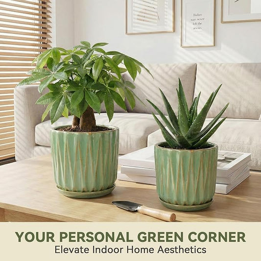 10 Inch Ceramic Planter Pot with Saucer Drainage Leak-Proof Mesh,Flower Pots for Indoor Plants with Gardening Gloves,Ceramic Planter(Light Green)