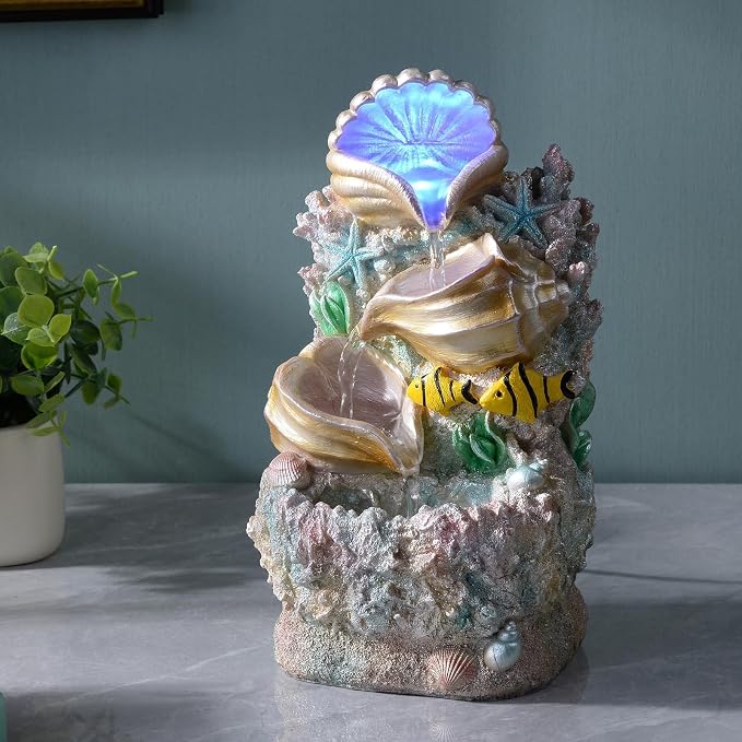 GOSSI Coral Shell Water Fountain - Tabletop Waterfall Fountain Indoor Desktop Decor with LED Lights, Zen Meditation Relaxation, Home Office Decoration (23037)