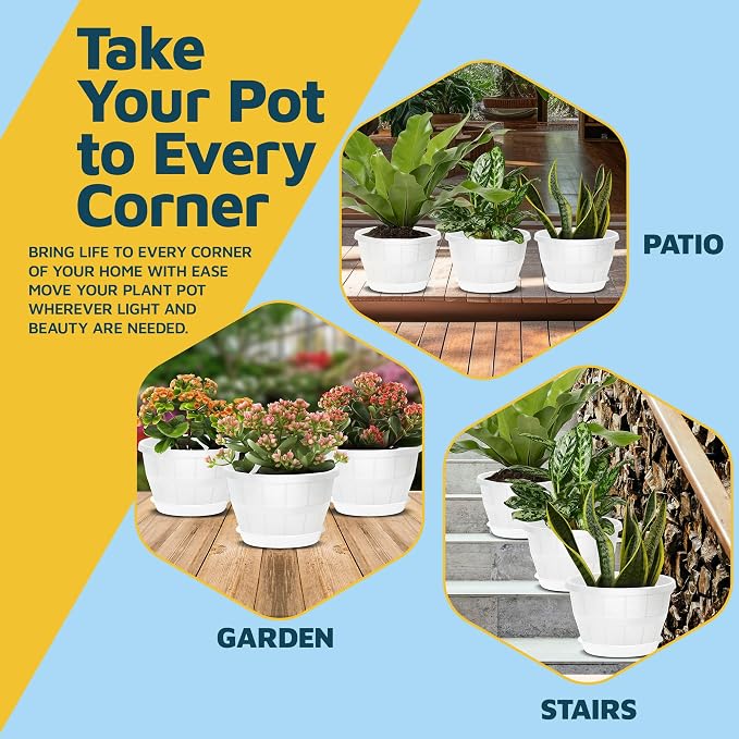 10-Inch Whiskey Barrel Planters Outdoor Pack of 10 - Durable Plastic Plant Pots for Indoor & Outdoor Use with Drainage & Saucer, Lightweight Rustic Barrel Planters for Flowers, Herbs & Small Plants