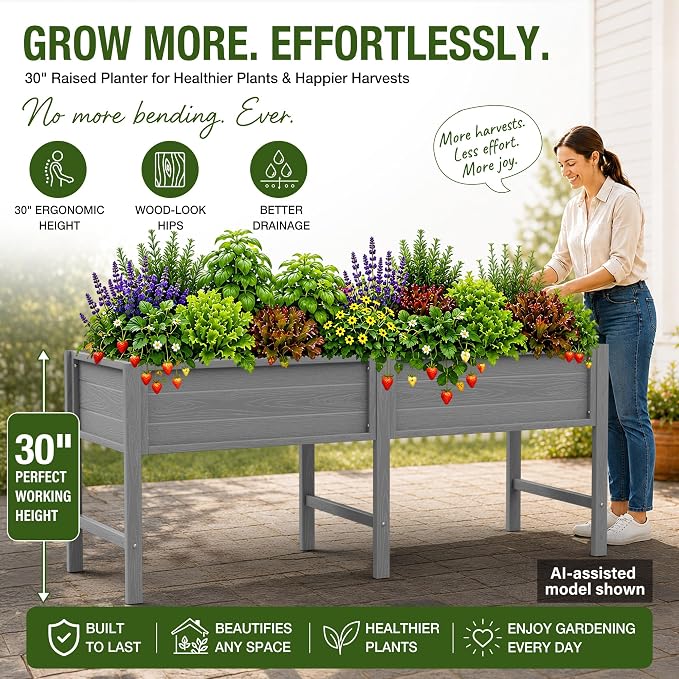 YEFU 72" Large Raised Garden Bed, Wood-Look HIPS 6ft Extra Large Bed, Grey | Extra Large Garden Bed for Backyard Growing, 6ft Design, Wood-Look HIPS, Drainage, 770 lbs High Capacity Support