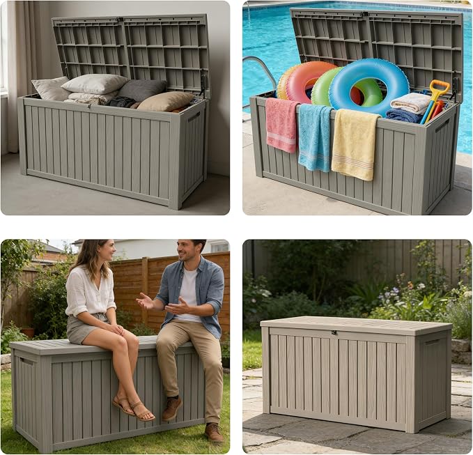 180 Gallon Outdoor Storage Box Resin Deck Box All Weather Waterproof Large Lockable Storage Container Deck Box for Patio Furniture, Garden Tools, Lockable, Grey