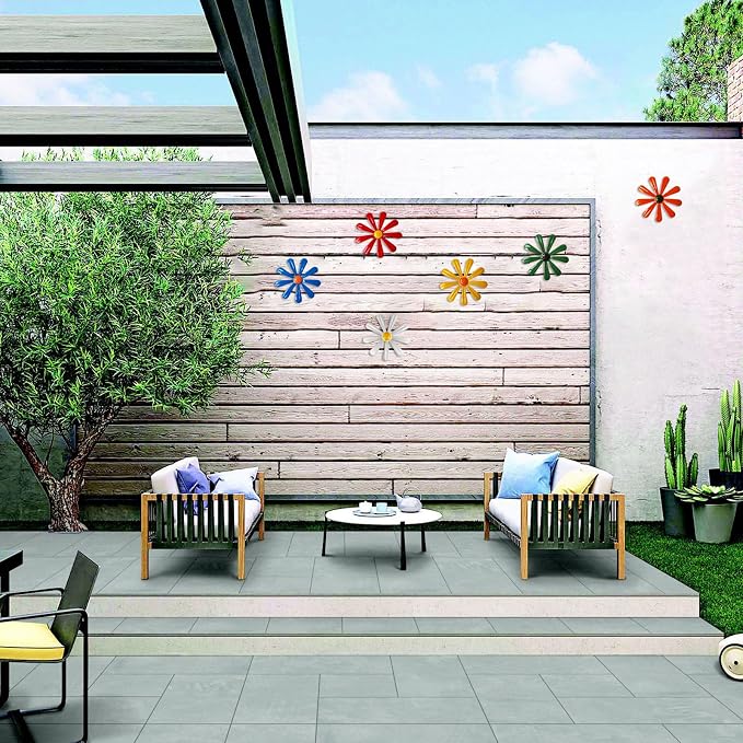 Tsilin 6 Pcs Metal Flowers Garden Fence Ornaments,Wall Art Hanging Decoration Daisy Garden Decor For Wall Decor Living Room Bedroom Dining Room Outdoor Backyard Porch Patio Fence