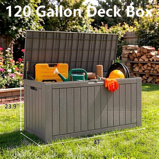 Outdoor Storage Box, 120 Gallon Resin Deck Boxes Outdoor Waterproof For Patio Furniture, Garden Tools, Pool Supplies, Lockable And UV Resistant (Striped Gray)