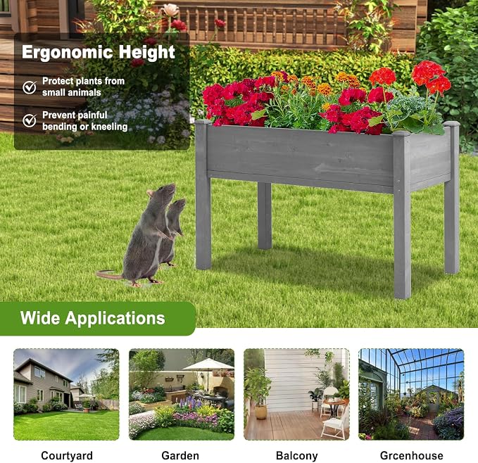 Raised Garden Bed with Legs, 48x24x30 in Planter Boxes Outdoor, Elevated Wooden Planter Box Standing Growing Bed for Gardening, Backyard, Patio and Balcony (Grey, 48x24x30)