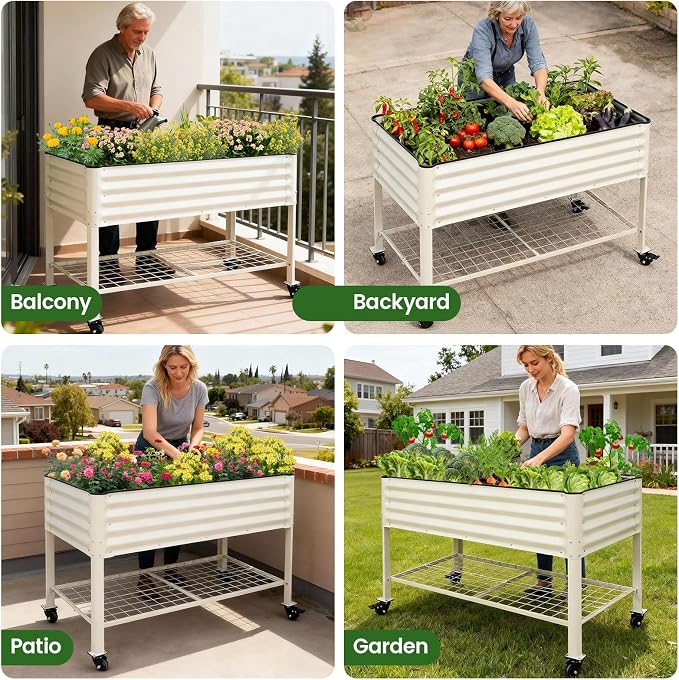 Elevated Raised Garden Bed 2' x 4' - Galvanized Planter Boxes with Legs, Wheels, and Storage Rack, Outdoor Planters for Backyard/Patio/Balcony with Drainage Holes for Vegetables, Flowers, Herbs, White