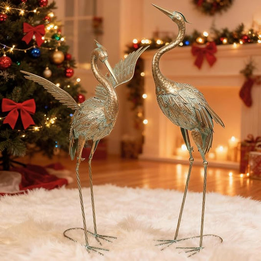 TERESA'S COLLECTIONS Garden Statues, Standing Metal Golden Heron Decoy Waterproof Outdoor Statue,33-39" Bird Yard Art for Outdoor Indoor Decorations,Outside Patio,Pool, Lawn,Set of 2,Gift for Mom