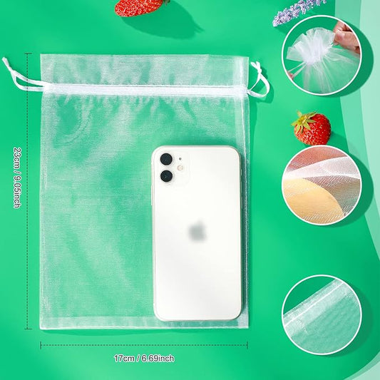 50 Pcs Fruit Protection Bags, 6x9 White Fruit Netting Bags for Fruit Trees Fruit Cover Mesh Bag with Drawstring, Netting Barrier Bags for Grapes Mango Fruit Trees Veggies Garden