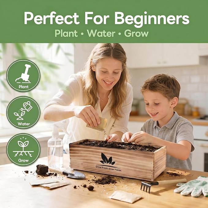 Indoor Herb Garden Starter Kit, Unique Gifts 5 Herb Garden Planter Indoor Kit with Wooden Box Including Basil, Cilantro, Thyme, Parsley, Mint, Fresh Herb Garden, Gardening Gifts for Women