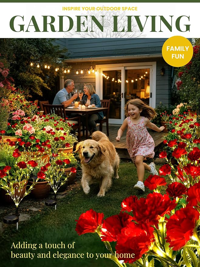 GIGALUMI Solar Lights Outdoor for Garden Decor, 4 Pack Solar Flower Lights Waterproof, 2 Lighting Modes 28 Carnations for Pathway,Yard, Patio Decoration, Gardening Gifts for Women (Red)