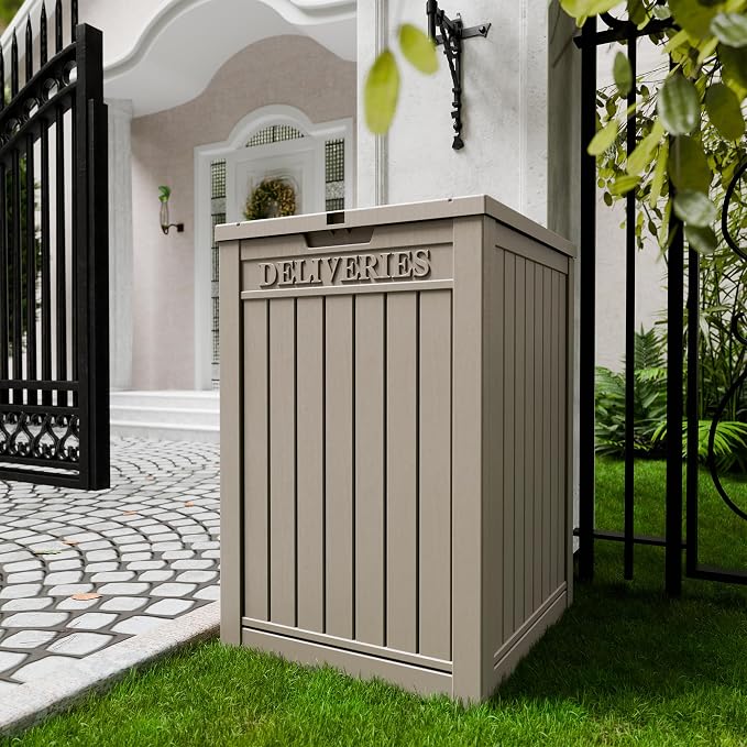 50-Gallon Package Delivery Box for Outside - Resin Storage with Sign & Lockable Secure, Waterproof Package Drop Box with Pre-Installation Hole for Curbside, Porch, Khaki