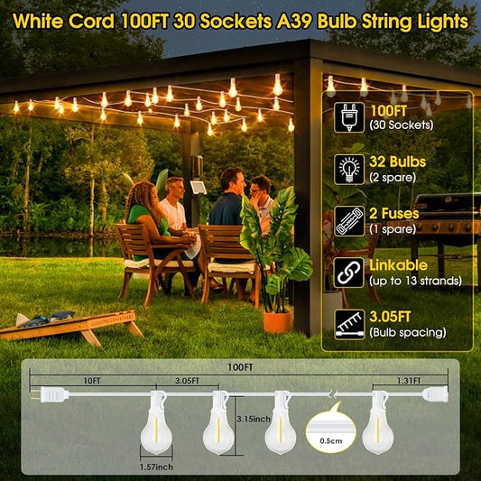 Larkvue 100FT Outdoor String Lights, LED Patio Lights with 32 Waterproof Shatterproof Dimmable A39 Hanging Bulbs(2 Spare) for Garden Wedding-White