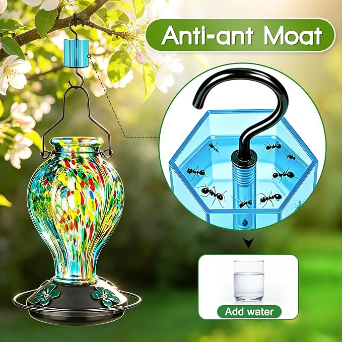 Hand Blown Glass Hummingbird Feeders for Outdoors Hanging, 24oz Wild Bird Nectar Feeder with Ant Moat and Perch, Bee-Resistant Ports, Garden Decor, Gifts for Women Mom, 1 Pack, Blue Fireworks