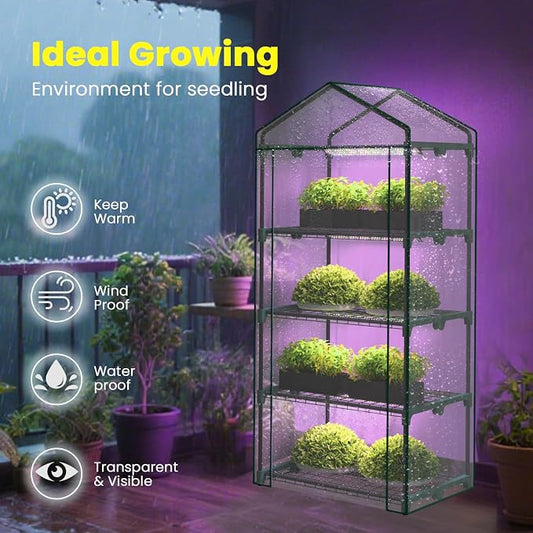 Indoor Greenhouse with Grow Lights, 4 Tier 27" L×19" W×62" H Mini Greenhouse with Zippered PVC Cover for Seed Starting Trays, Dimmable 2FT 60W Plant Light for Indoor Plants with Timer