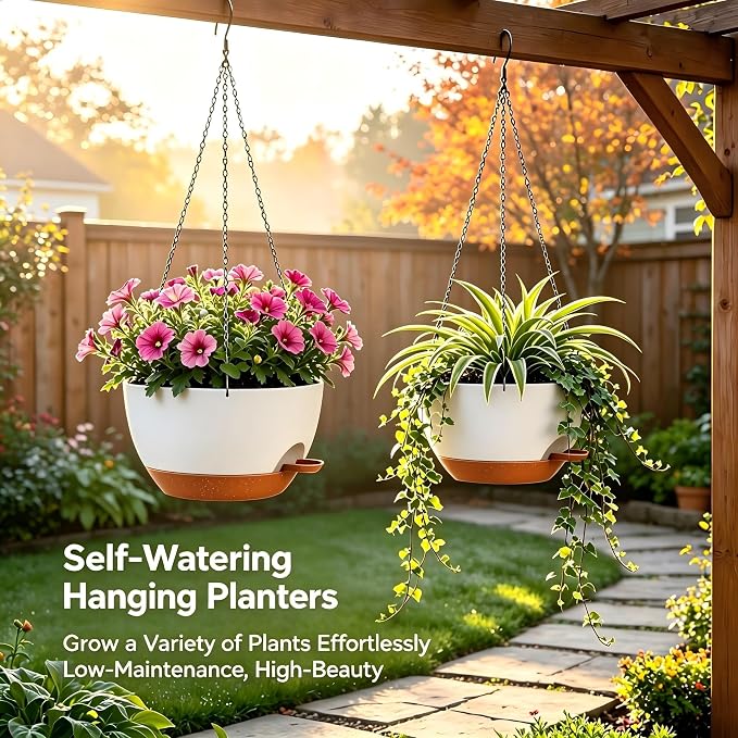 12 Inch Self Watering Hanging Planters 2 Pack, White Brown | Plastic planters with drainage holes and saucers. Suitable for indoor, outdoor, kitchen, balcony and garden plant decor.