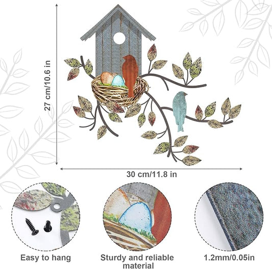 Peryiter Birds Wall Metal Decor Outdoor Art Hanging Metal Tree with Birdhouse for Living Room Tree Leaf Wall Decor for Indoor Outdoor Garden(Brown, Blue)