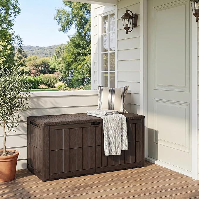 Tangkula 100 Gallon Outdoor Storage Box, Waterproof PP Resin Patio Storage Box with Lockable Lid for Indoor & Outdoor Use, 2-in-1 Rattan Design Deck Box for Cushions, Garden Tools