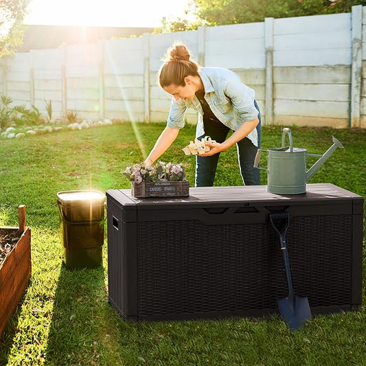Greesum 100 Gallon Resin Deck Box Large Outdoor Storage, Imitation Rattan Weave Texture for Patio Furniture, Garden Tools, Pool Supplies, Weatherproof and UV Resistant, Lockable, Dark Brown