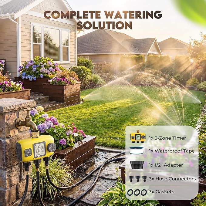 3 Zone Sprinkler Timer for Garden Hose,Garden Hose Timer with Brass Inlet,Programmable Automatic&Manual Irrigation System with LCD Display for Yard/Lawn/Pool,Rain Delay,IPX5 Waterproof
