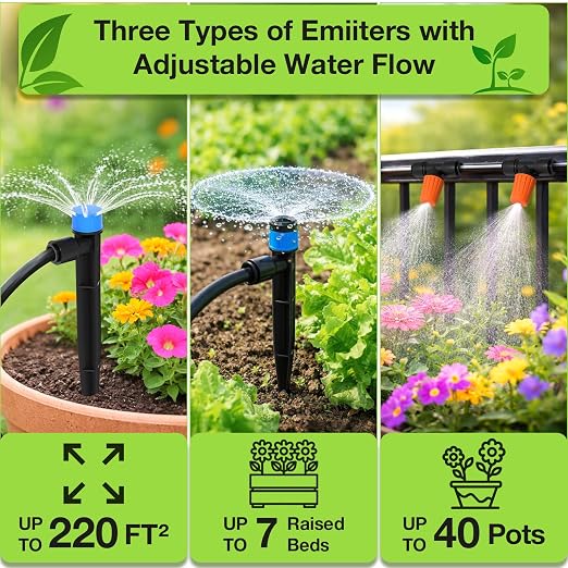 MIXC 250FT Drip Irrigation System Kit, Quick-Connect Garden Misting Watering System with 1/2” 1/4” Tubing Adjustable Nozzles Sprinklers for Indoor Outdoor Garden Potted Plant Lawn Greenhouse
