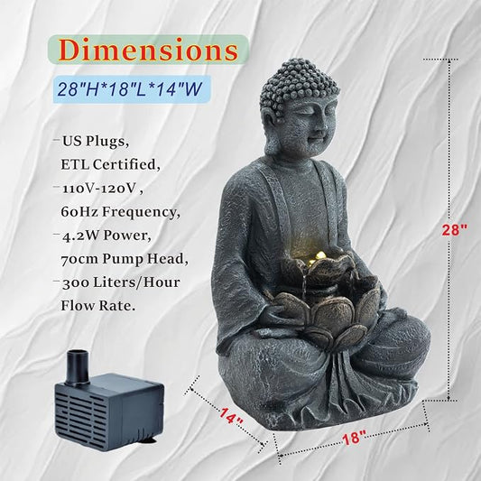 28'' Zen Buddha Water Fountain with LED Light and Pump, 2 Tier Polyresin Meditating Buddha Outdoor Fountain, Lighted Waterfall Statue for Garden Patio Backyard Indoor Decor
