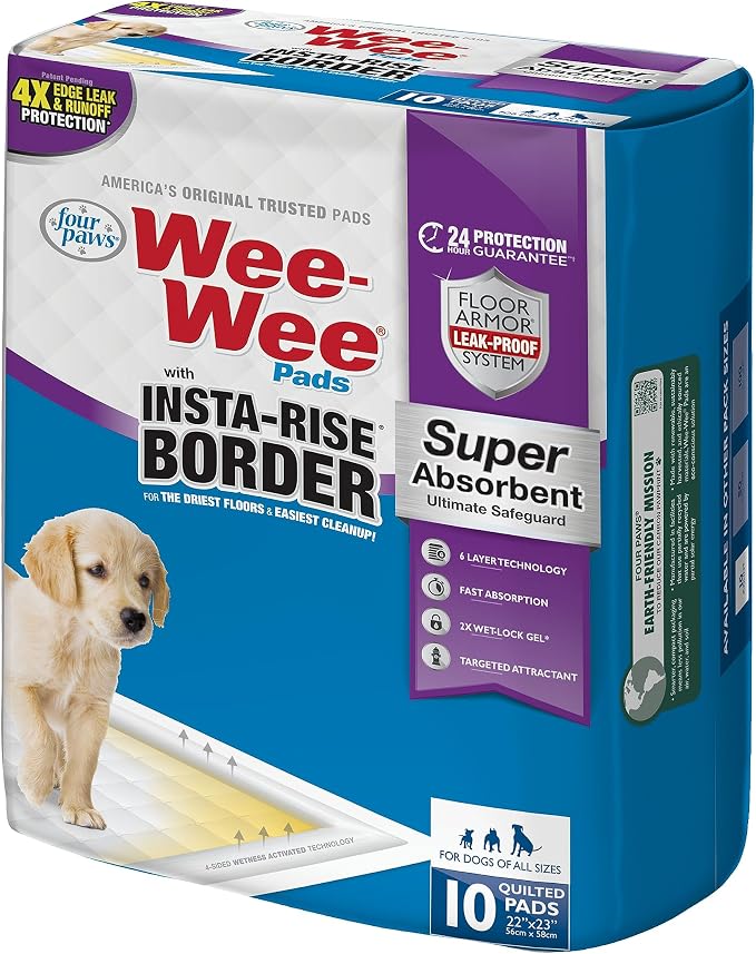 Four Paws Wee-Wee Super Absorbent Insta-Rise Dog Pee Pads, 10 Count | Edge leak & runoff protection, leak-proof puppy pads, built-in attractant, dog housebreaking, all day protection, 22" x 23"
