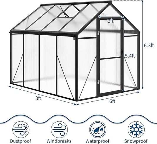6X8 Ft Polycarbonate Greenhouse Sunroom with Aluminum Frame, Outdoor Greenhouse for Vegetables Herbs Flowers, Lockable Door & Adjustable Roof Vent, Patio Backyard Greenhouse Kit for Gardening, Black