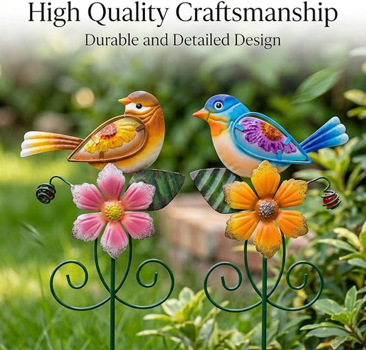 Topadorn Set of 2 Metal Bird & Flower Garden Stakes, Hand-Painted Decorative Yard Art for Planters, Flower Beds & Patio, 16 Inch