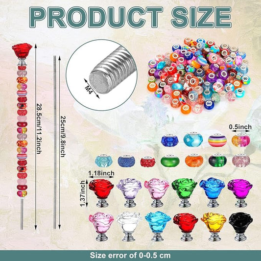 Tigeen 236 Pcs Garden Stake DIY Fairy Wand Plant Stake with 12 Colorful Crystal Stopper Top 12 Threaded Rod with 200 Large Hole Bead for Spring Summer Holiday Outdoor Decorations(Rose Flower)