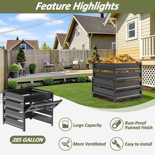 Compost Bin Outdoor - 285 Gallon Composter with Rust-Proof Coating, Painted Finish, Large Compost Bin for Producing Fertilizer from Kitchen Waste and Fallen Leaves๏ผMetal๏ผ