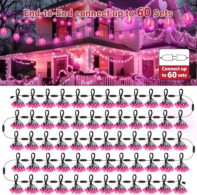 LAMPHOME 4 Pack 26FT Pink G40 LED Outdoor String Lights, Valentine's Day Decor with 13 Shatterproof Globe Bulbs, Waterproof Hanging Patio Lights or Balcony Backyard Garden Wedding Party Home Decor