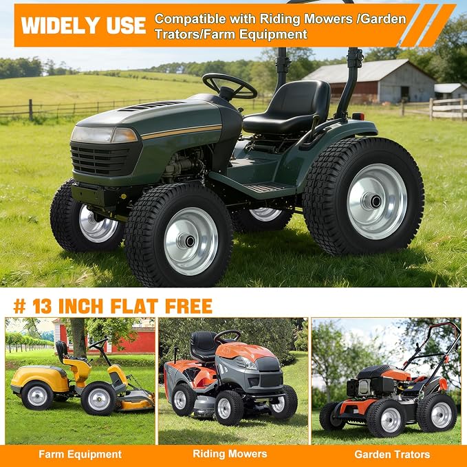 Yesker 13x5.00-6 Flat Free Lawn Mower Tire and Wheel Assembly with 3/4" Bearing Bore, 13x5-6nhs Solid Riding Lawnmower Tires with 3" Center Hub, 2 Pack