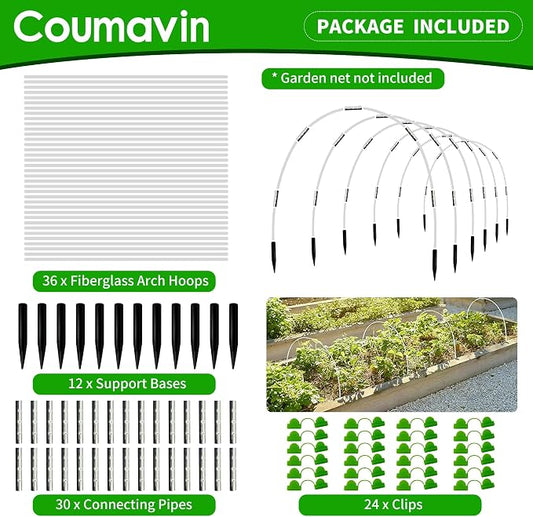 8FT Rust-Free Fiberglass Garden Hoops -36 PCS DIY Grow Tunnel Kit for Raised Beds, Row Cover Support with Connectors/Clips, Year-Round Plant Protection from Frost, White