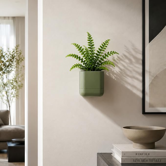 Phoenix Vine 4.5 Inch Wall Mounted Self-Watering Planter Pot for Indoor Houseplants and Herbs | Hanging Planter for Window Sills, Bathroom Walls, Home & Office Décor, Olive, Set of 3, 01-B-F-3