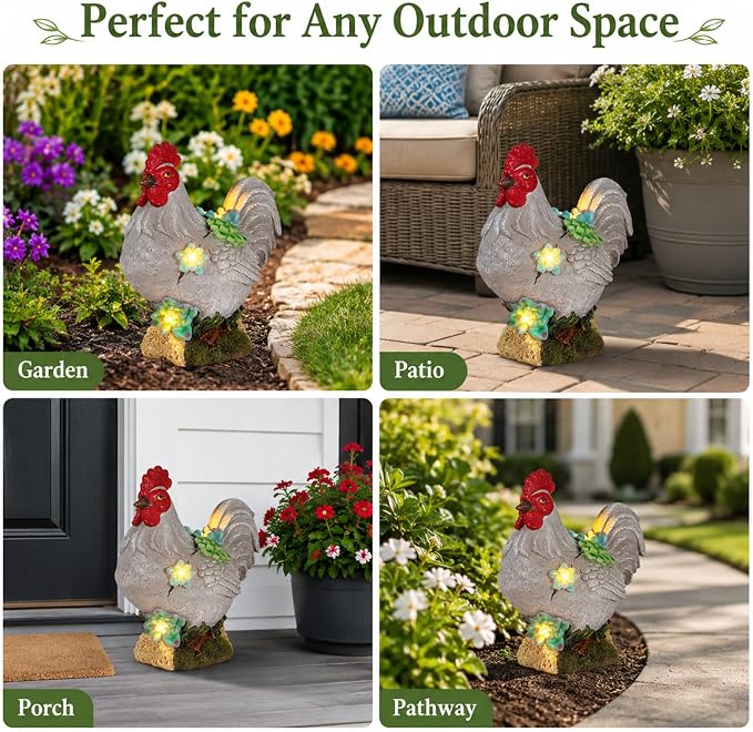 mocosa Solar Garden Statues Gray Rooster and LED Lights Birthday Gifts for Women Mom Grandma Solar Outdoor Cat Decor for Outside,Outdoor Solar Lights for Yard, Garden and Patio, Unique Gift for Women