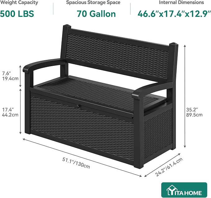 YITAHOME 70 Gallon Deck Bench with Storage | Outdoor Storage Box Bench with Armrests for Patio Garden Pool Porch , Waterproof&Lockable, Black