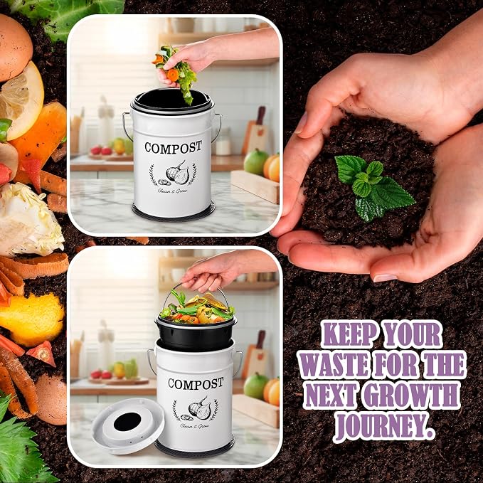 AOSION 1 Gallon Countertop Compost Bin for Kitchen with Lid,Odor Resistant | Farmhouse compost bin with charcoal filter,inner bucket and bags,easy kitchen food waste storage