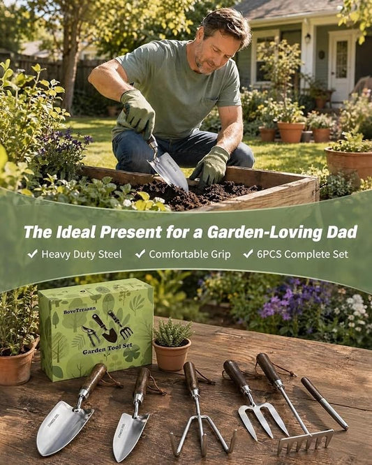 Garden Tool Set, 6PCS Heavy Duty Stainless Steel Gardening Hand Tools with Ropes, Includes Hand Cultivator Shovel Trowel Transplanter 2-in-1 Hoe Pruner, Ideal Gardening Gifts for Women Men (Classic)